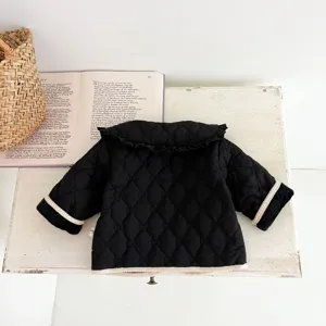 Infant black quilted winter jacket with chic ruffles collar and cozy knit trim details.