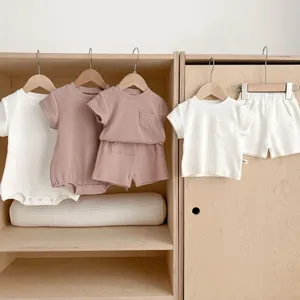 Infant solid color cotton short sleeve t-shirt shorts bodysuit clothing set detail view