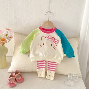 Cute baby girls colorblock sweatshirt and striped leggings set, comfortable and stylish spring outfit.