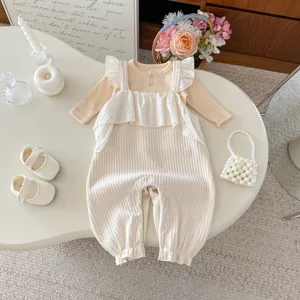 Infant baby girl ribbed cotton long sleeve romper with cute lace ruffles, cozy autumn outfit.