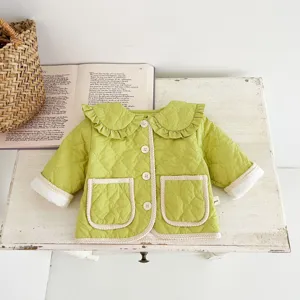Infant quilted baby coat with sweet ruffles and cozy padding, perfect for autumn and winter wear.