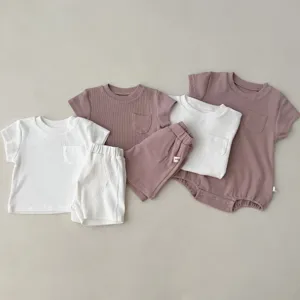 Baby ribbed short sleeve t-shirt shorts and romper set in solid colors for summer.