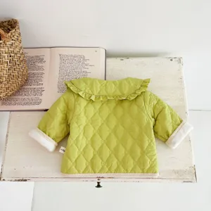 Infant quilted winter jacket with ruffled collar, cute olive green baby outerwear warm coat.