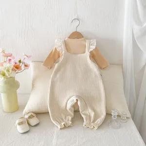 Baby cotton ribbed suspender romper set, cute autumn infant baby girl long sleeve clothes.