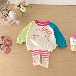 Baby girls spring colorblock sweatshirt and striped leggings set, cute knit clothing outfit.