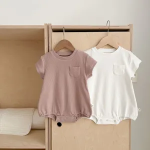 Solid color baby romper set, soft ribbed cotton short sleeve bodysuit with cute chest pocket.