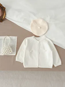 Infant baby knitted cardigan solid color sweater coat with beret set cute children clothes