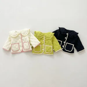 Baby quilted winter coat detail, cute Peter Pan collar and ruffled edge design, warm fleece.