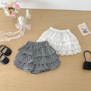Infant summer tiered ruffle skirt detail, sweet style plaid and white lace pleated clothing.