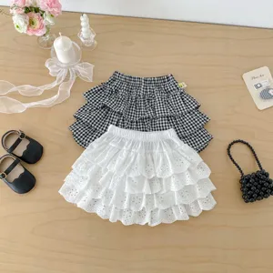 Toddler baby girls summer pleated cake skirt cute plaid and white eyelet tiered skirt