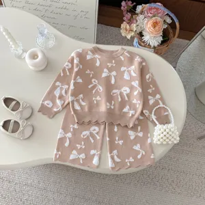 Σετ πλεκτό πουλόβερ jacquard για κοριτσάκι φιόγκος μακρύ παντελόνι χαριτωμένο