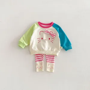 Baby girl spring color-block sweatshirt and striped leggings two-piece cute toddler outfit set