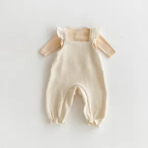 Infant baby girl ribbed romper jumpsuit set, cute ruffle strap cotton autumn crawler.