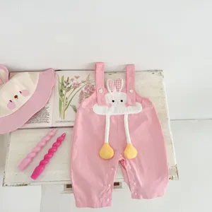 Cute pink baby rabbit overall set detail view featuring cute cartoon decor and soft fabric