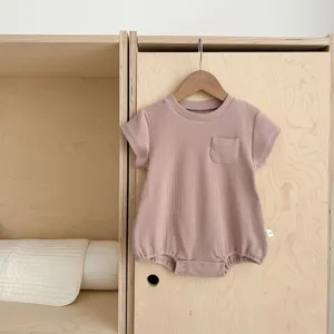 Baby ribbed cotton short sleeve romper with chest pocket solid color infant bodysuit
