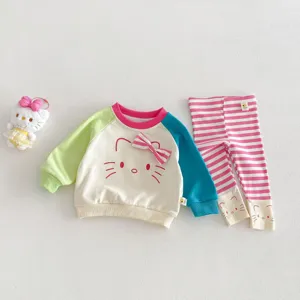 Cute toddler girls sweatshirt and leggings set with cat print and bow, comfortable spring wear.