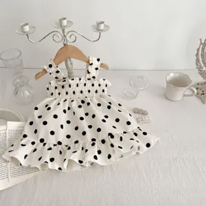 Baby meisje zomer bandje jurk schattig zwart witte stippen peuter prinses rok details