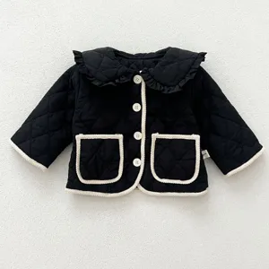 Baby girls winter quilted coat cute ruffled collar contrast piping button down toddler outwear