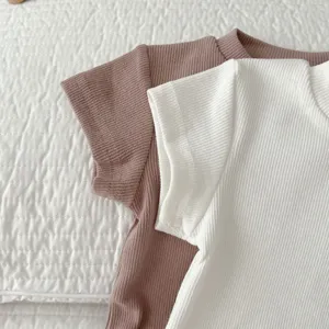 Baby ribbed cotton short sleeve t-shirts set, solid color soft top for infants detail.