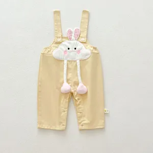 Cute baby overall detail, yellow jumpsuit with lovely bunny cloud applique and soft dangling legs.
