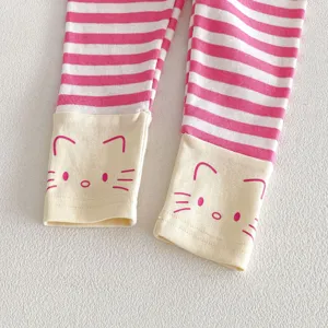Detailed close-up of pink and white striped baby leggings featuring cute cat face cuffs.