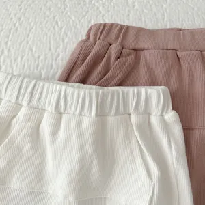 Children solid color ribbed shorts detail view, elast waist comfortable cotton kids pants.