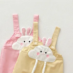 Cute cartoon rabbit strap trousers detail, infant baby apparel close-up view design.