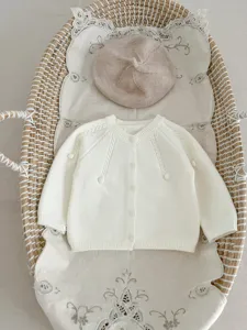 Cute baby knitted cardigan and beret set, solid color autumn cotton baby coat for daily wear.