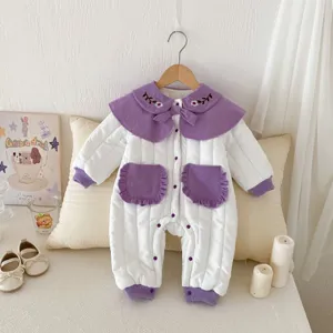 Cute winter baby thickened padded jumpsuit with cute purple collar and sweet bows, warm toddler romper.
