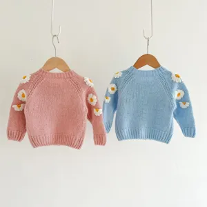 Hand-embroidered daisy knit cardigan for toddler babies, cute long sleeve sweater tops.