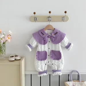 Infant winter thick padded romper with floral collar, cute baby girl quilted crawling clothes.