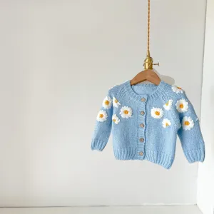 Handcrafted daisy embroidered baby cardigan knit sweater light blue long sleeve top detail