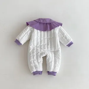 Baby winter padded onesie with purple collar, warm thickened cotton romper for infants.