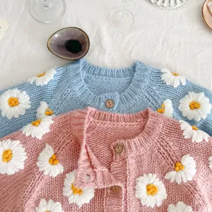 Handmade daisy embroidered baby knit cardigan, cute infant sweater top for autumn daily wear.