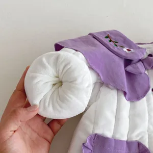Baby winter thick fleece romper detail, cute purple collar embroidery, warm infant jumpsuit.