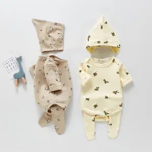 Baby Bekleidungsset Langarm Strampler Fußhose Und Hut Dreiteiliges Outfit Baumwolle Botanischer Druck Kleinkind