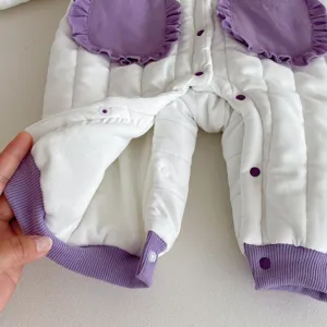 Infant winter quilted baby romper detail, thick fleece lined jumpsuit with cute ruffles.