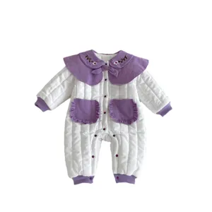 Winter baby quilted romper with cute purple collar ruffles bow baby girl warm crawler clothes