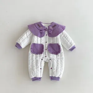 Baby quilted jumpsuit, purple collar floral embroidery design, winter warm baby girl romper variant.