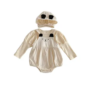 Lindo bebé niña de algodón oso mameluco con sombrero manga larga body conjunto ropa