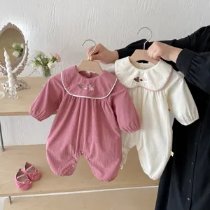 Barboteuse en Velours Côtelé pour Bébé Fille Nourrisson Manches Longues Col Rabaissé Mignonne Broderie Animale Combinaison