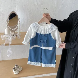 Kids Girls Spring Autumn Three Piece Set Toddler Long Sleeve Lace Collar Top Denim Vest Pants Fashion Clothing