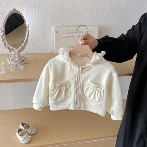 Baby Meisjes Herfst Korte Jas Leuke Bloemen Kant Afwerking Met Capuchon Sweatshirt Peuter Lange Mouw Volledige Rits Bovenkleding Tops