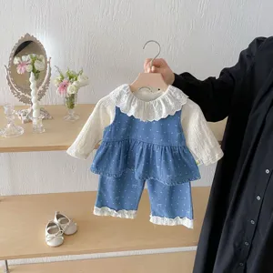 Kleinkind Mädchen Herbst Outfit Set Koreanischer Stil Denim Weste Und Hose Mit Langarm Spitzen Basis Hemd Baby Kleidung