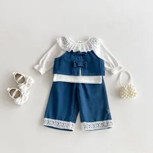 Toddler girl cute three-piece outfit set with lace collar top denim vest and pants detail