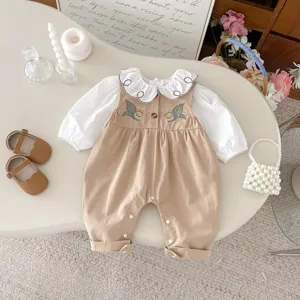 Baby girl spring autumn cute embroidered blouse strap pants set infant toddler clothing