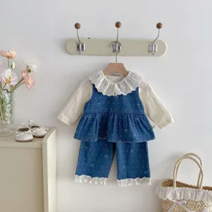 Kleinkind Mädchen Herbst Kleidung Set mit Spitzenkragen Bluse und Jeans Weste Hosen.