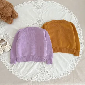 Toddler kids knitted sweater long sleeve pullover top in purple and yellow autumn wear detail.