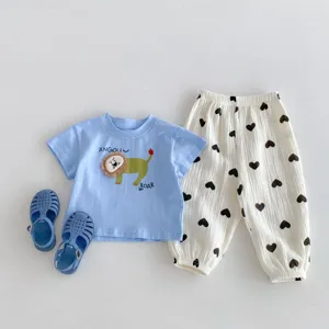 Baby summer short sleeve t-shirt set with cute lion print and white heart print pants.