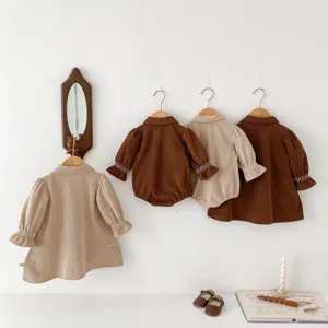 Infant baby girls corduroy dress and romper set, cute Korean style long sleeve children clothes.